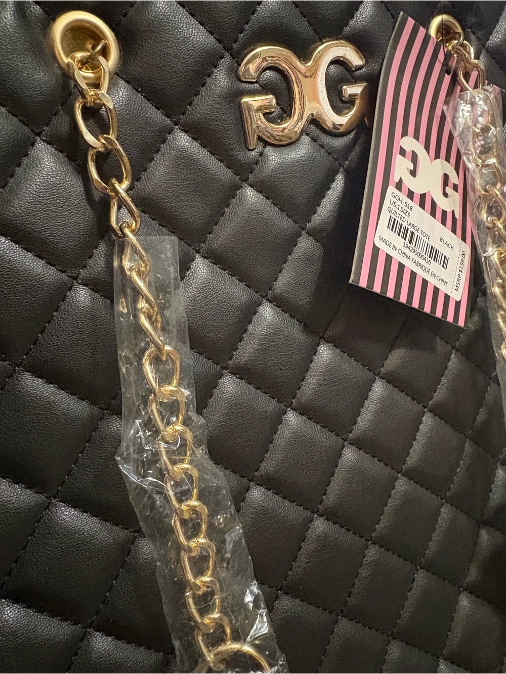 Quilted Black LargeTote with Gold Chain Accent - Picture 3 of 4